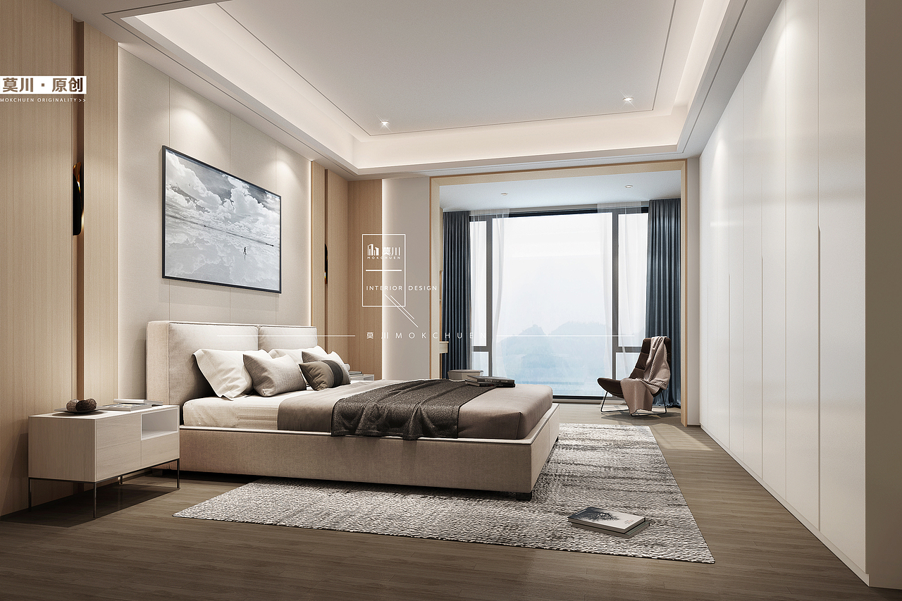 主卧以暖色为基调,营造一个简约大气的休憩空间,衣柜设计运用白色木饰面使得整个卧房色调轻松且透亮。