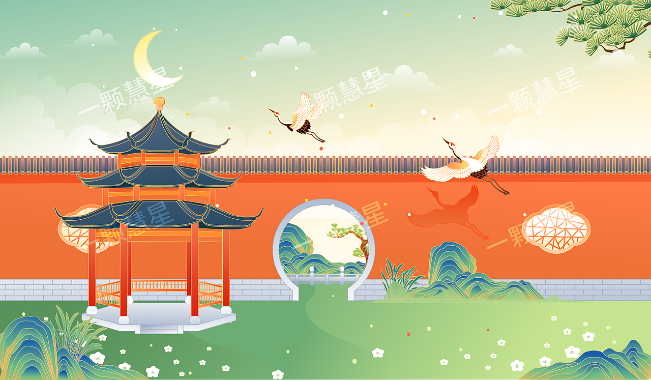 国潮风古建筑矢量插画