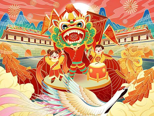 新年插画-醒狮贺岁