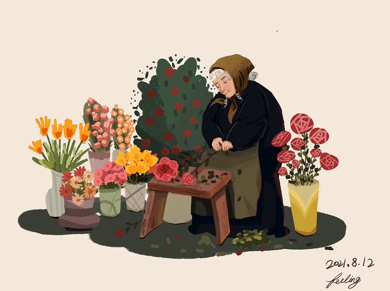 插画-卖花的老婆婆