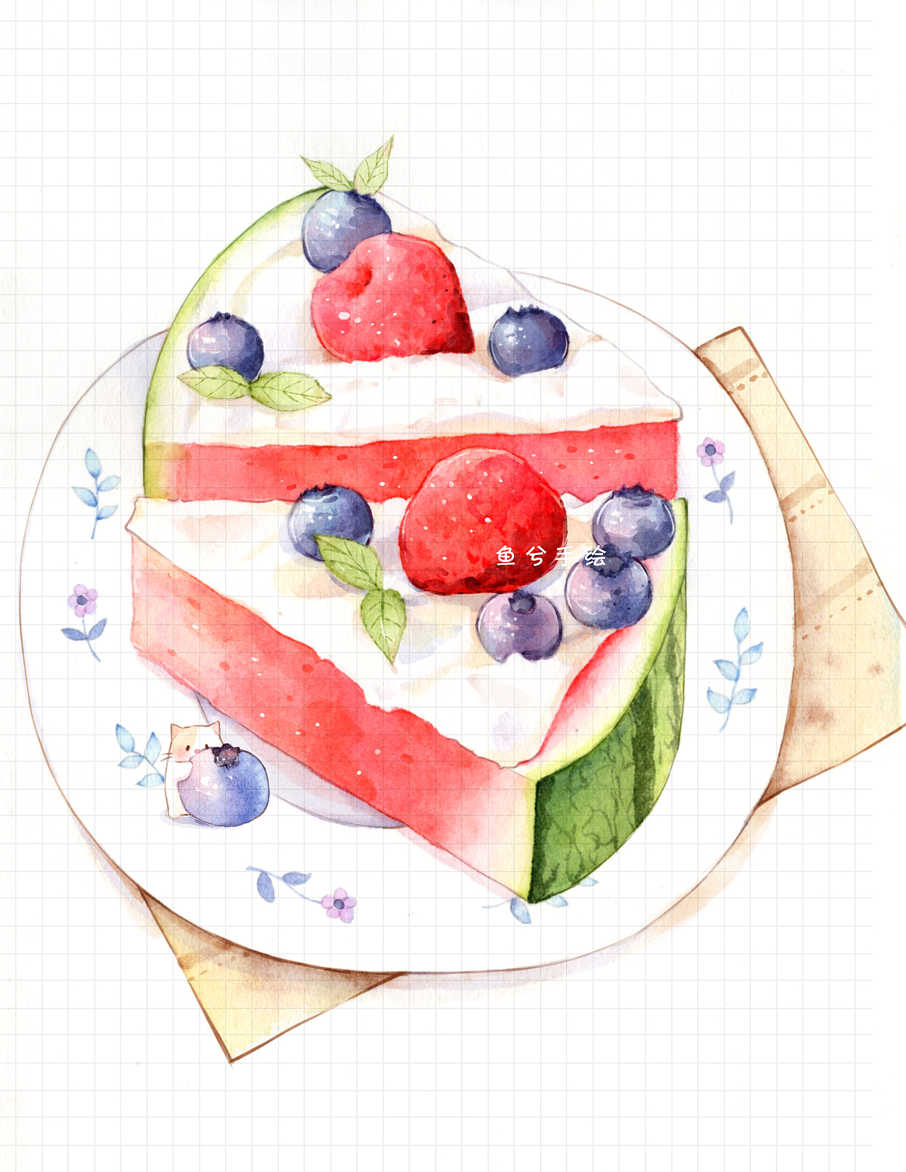鱼兮水彩水果小插画手帐手绘西瓜奶油蛋糕
