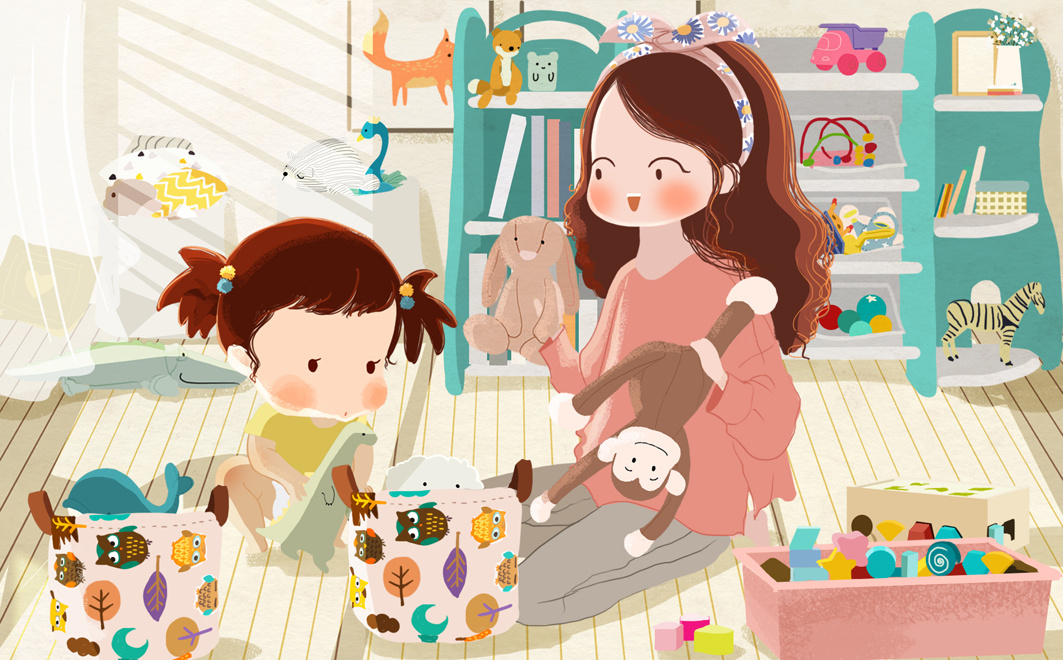 一组暖萌治愈系的亲子题材商业插图