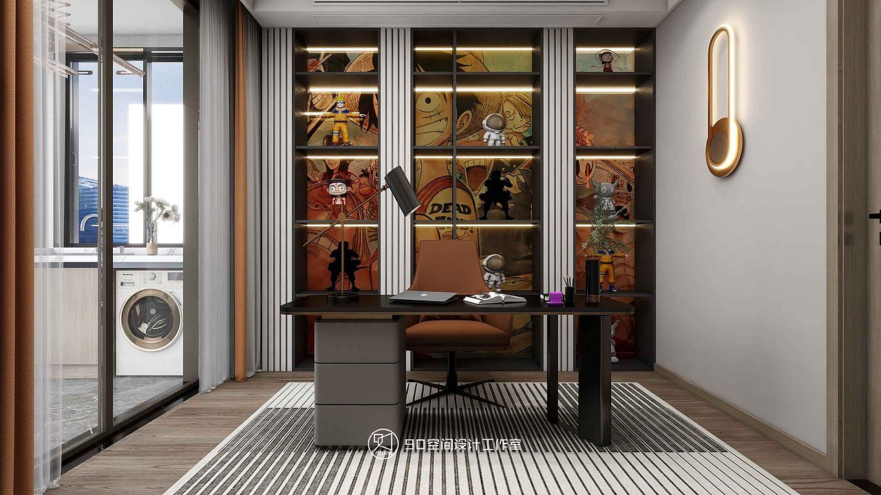 书桌背靠嵌入式玻璃橱柜，其棕色透明质地贴合整体色调
在不同窗格的划分下将背景壁画错落展现，反差之中<br>也令室内既充满沉稳工作氛围，又有轻松自在一面