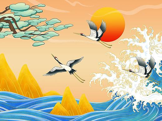 国风仙鹤图手绘插画