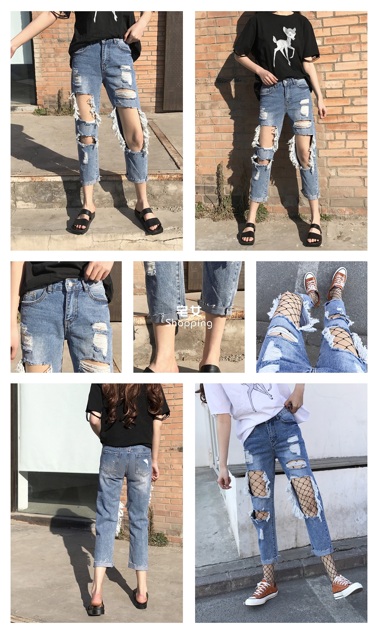 2017NEW百搭破洞九分牛仔裤女
款号:XH170334<br>码数:S - M - L<br>颜色: 图片色<br>面料 全棉牛仔布<br>¥:45