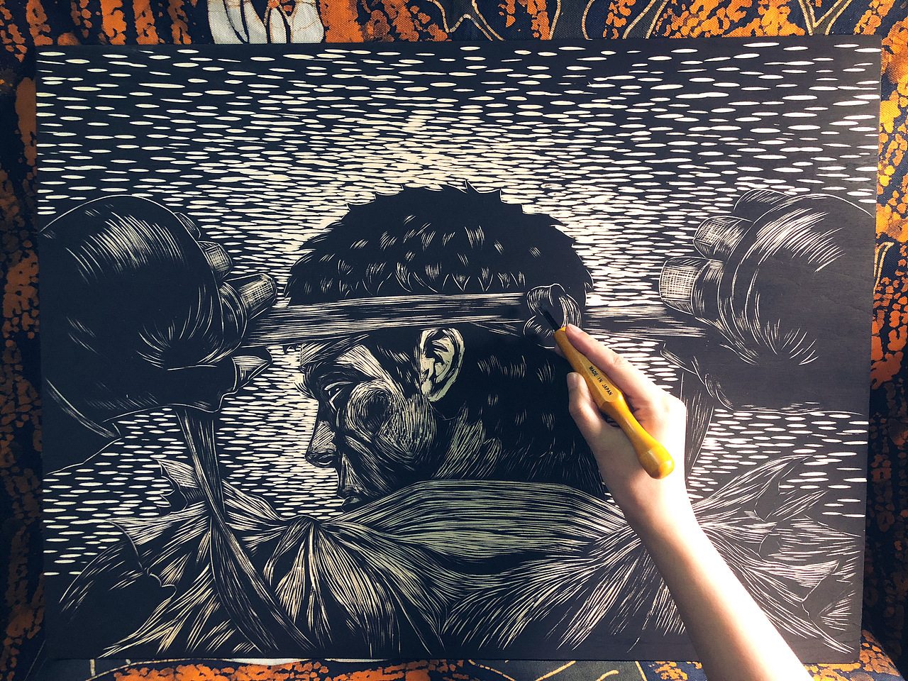 手工雕刻黑白木版画