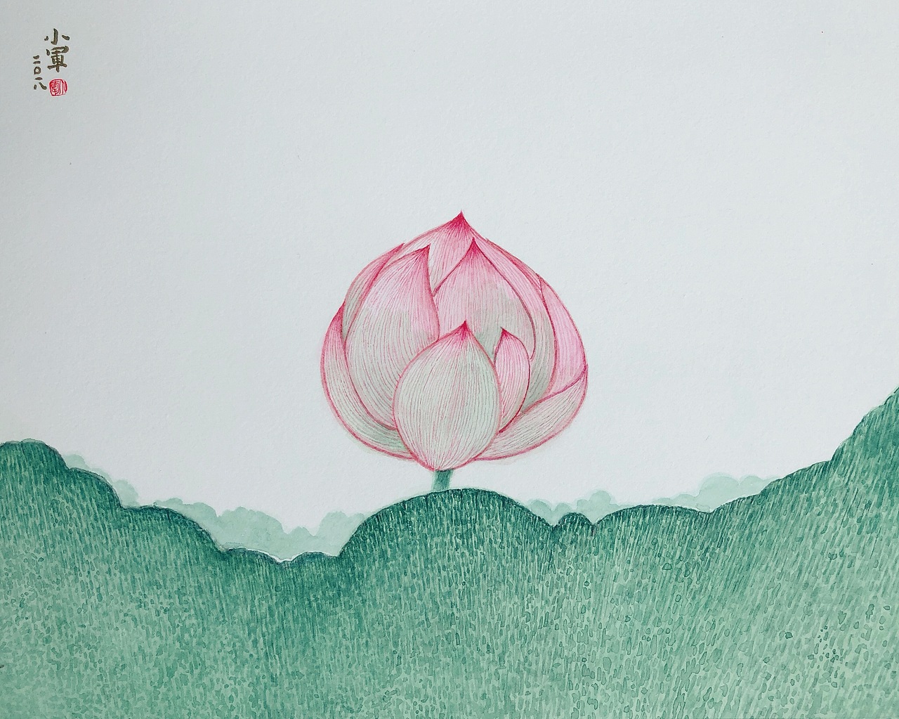 小军手绘水彩禅意插画61莲与佛系列之一