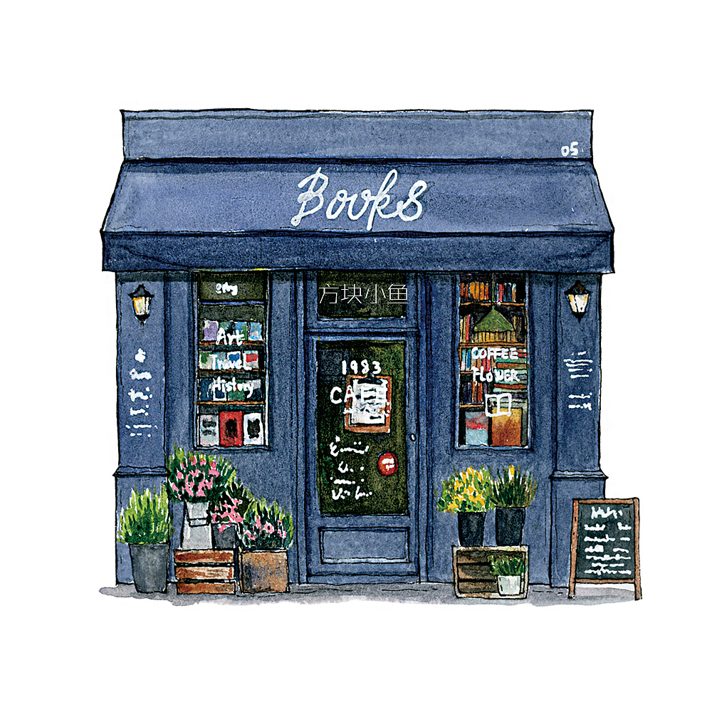 水彩插画【两个人】系列插画淡蓝色小店铺《是名画啊》和纸胶带手帐