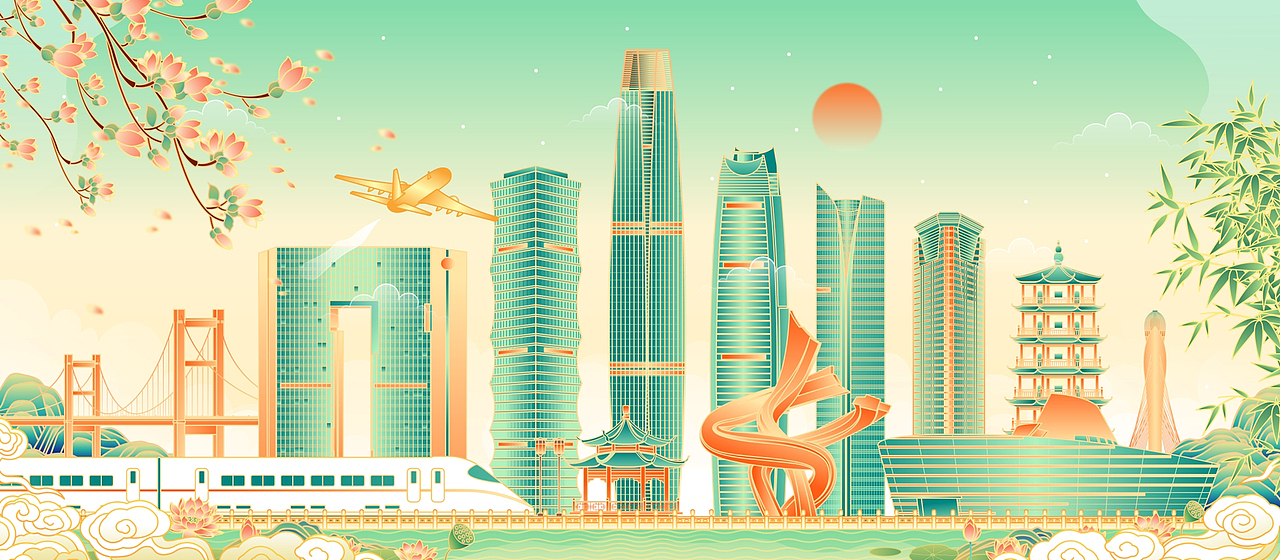 中国广东东莞城市建筑群矢量插画