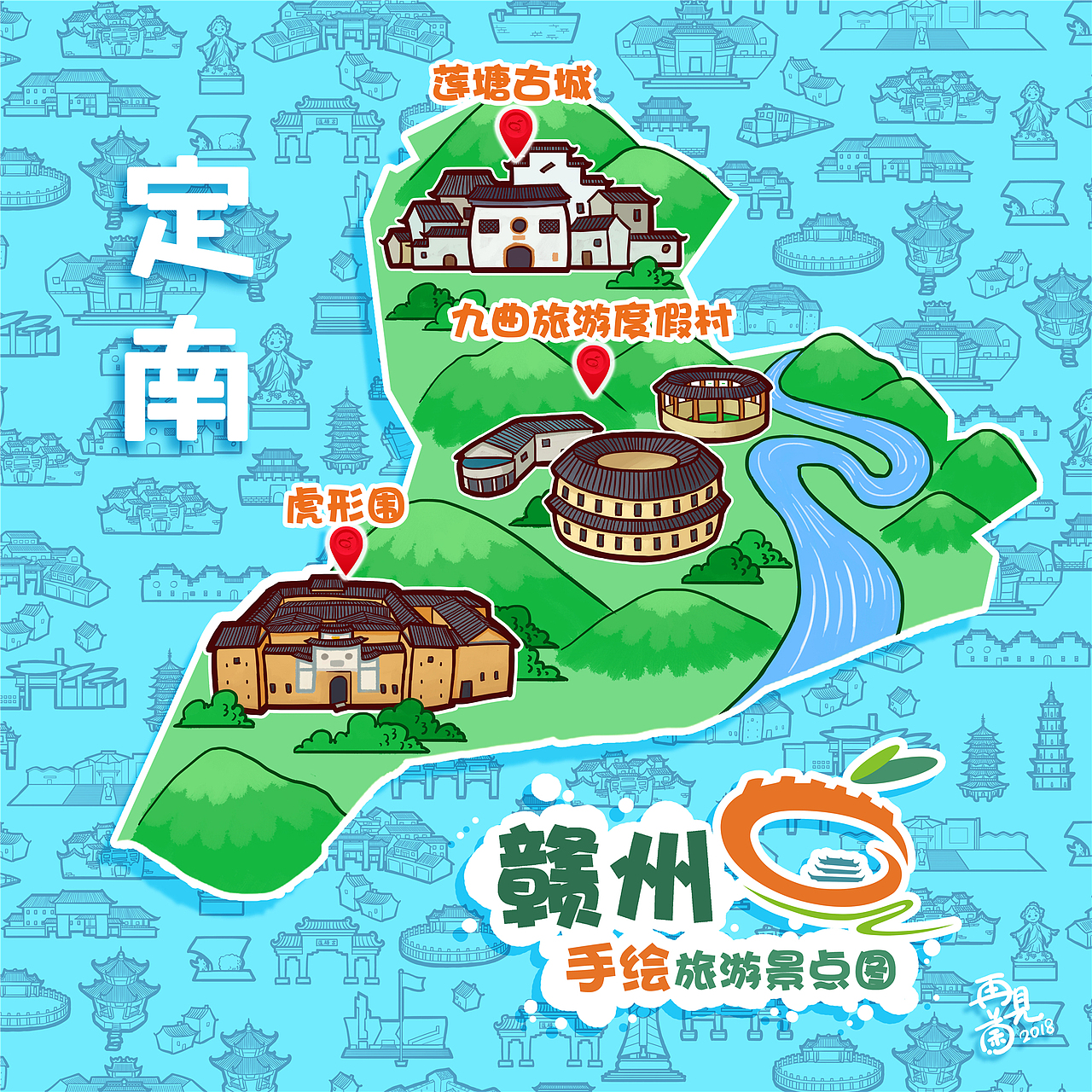 赣州手绘旅游景点图