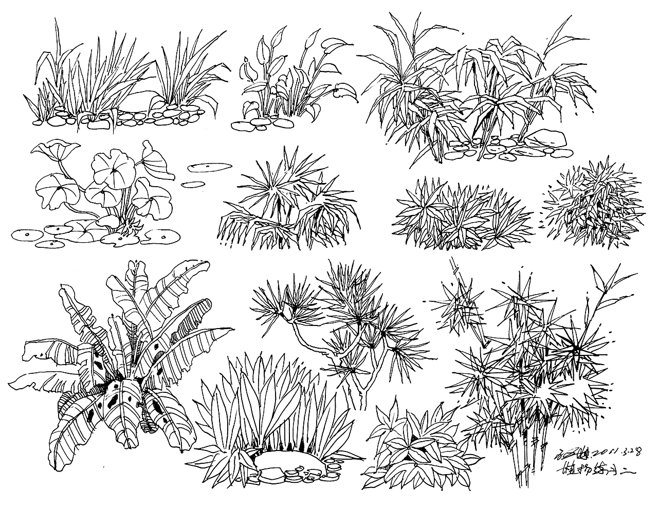匠人营国景观手绘植物水景石头人物交通工具以及平面造型手绘练习大全