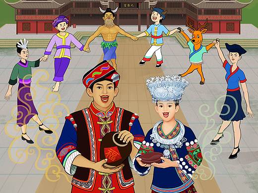 插画海报设计-蚩尤九黎城里手拉手