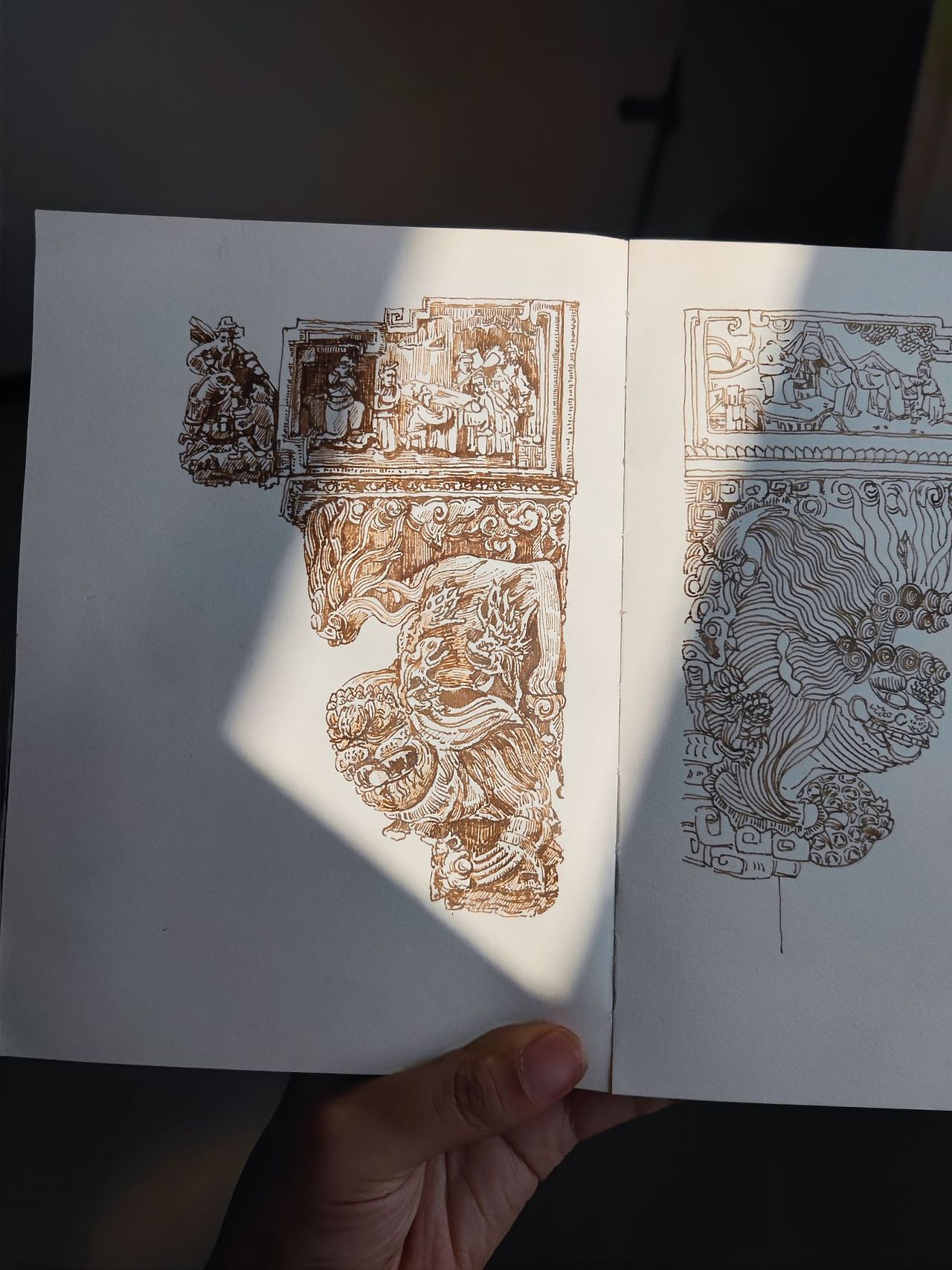 建筑木雕牛腿钢笔画