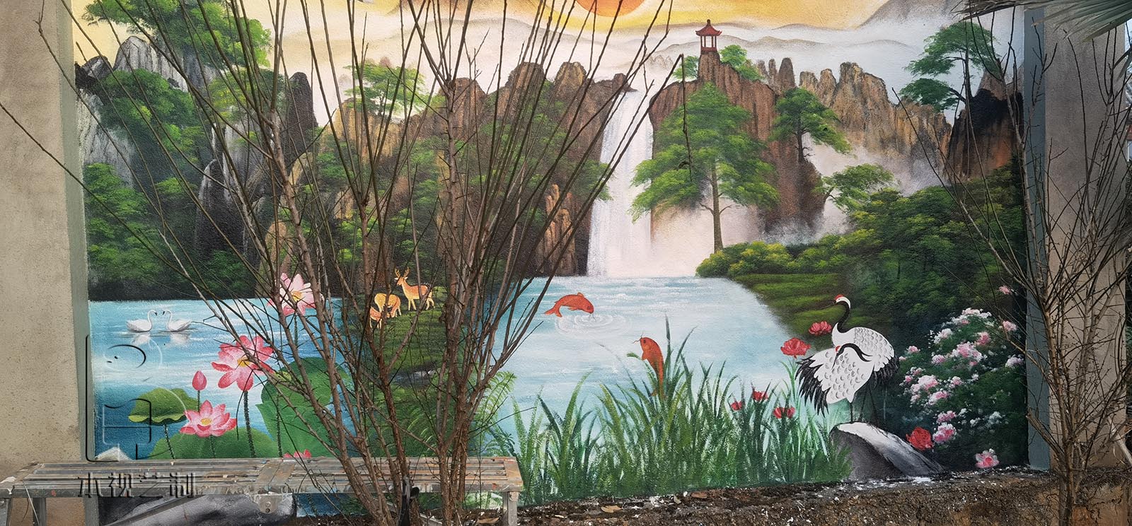 外墙彩绘山水国画风景壁画