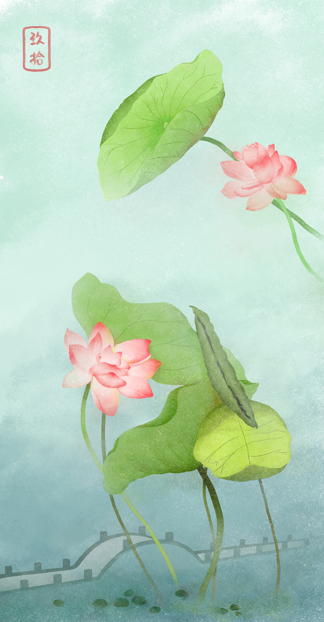 红莲绿藻图/原创插画/国风水粉