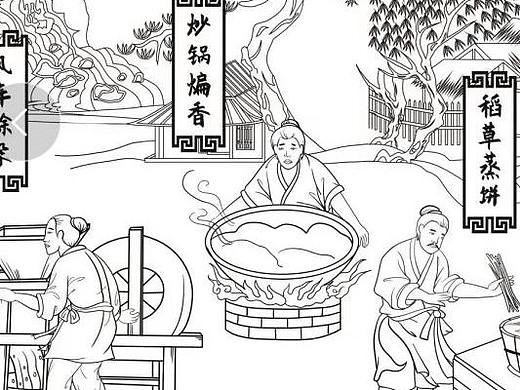 古法榨油工艺流程手绘插画