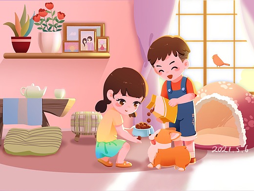 小男孩小女孩喂狗狗柯基