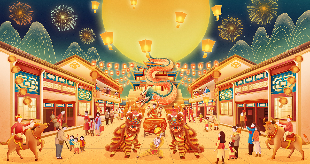 2021年金牛迎春元宵节春节牛年插画贺图