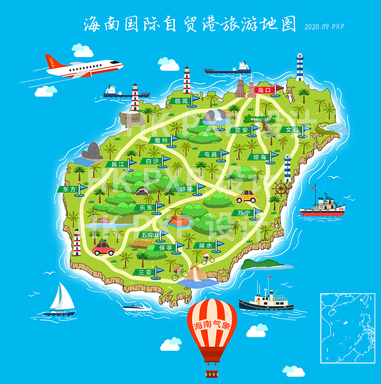 海南自贸港手绘旅游地图最新版(ai,ps,手绘)|平面|宣传物料|景域创美
