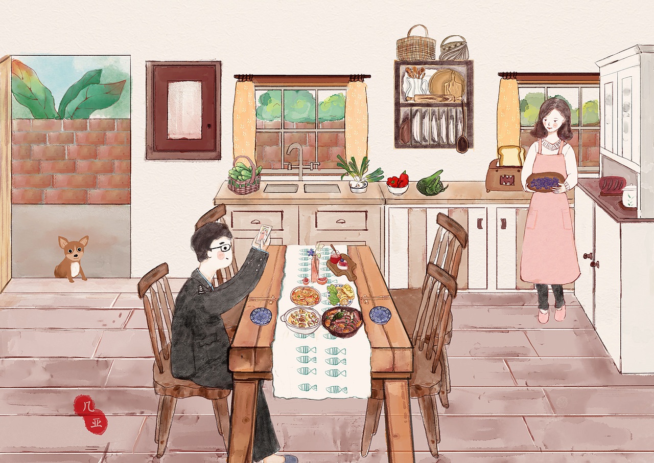 最开心的时候是做饭的时候，我想要一个美美的厨房，和我的爱人一起享受美食，当然还有我家可爱的小狗—一位喜欢做饭的人。