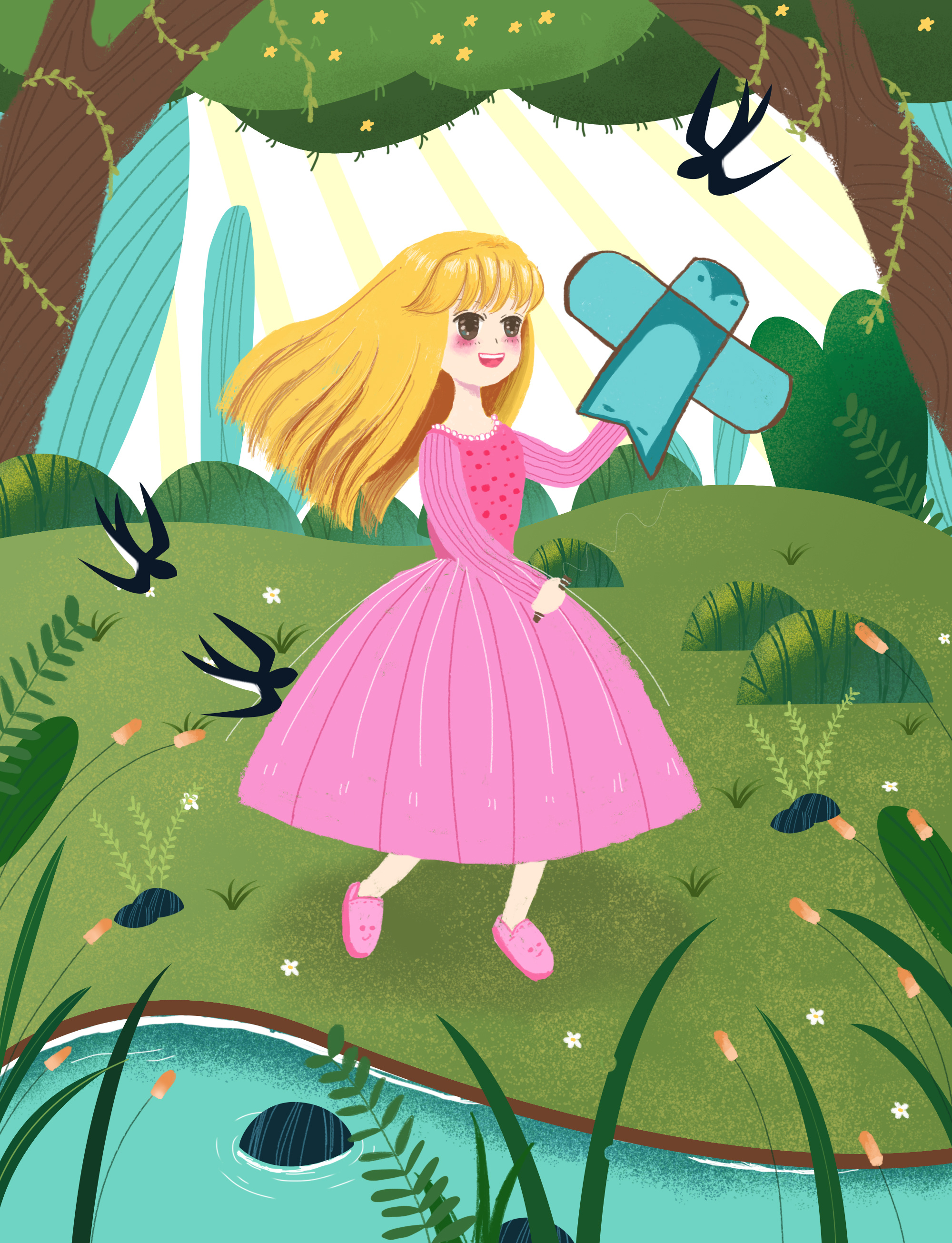 放风筝的女孩插画练习