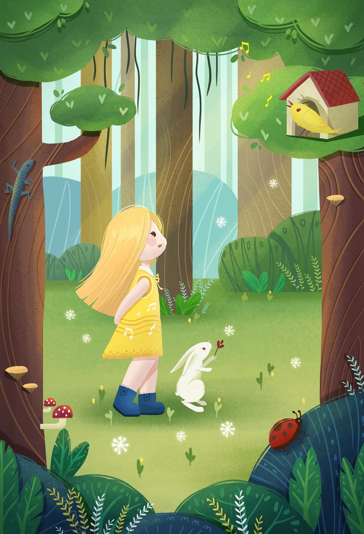 儿童绘本插画-森林里的女孩