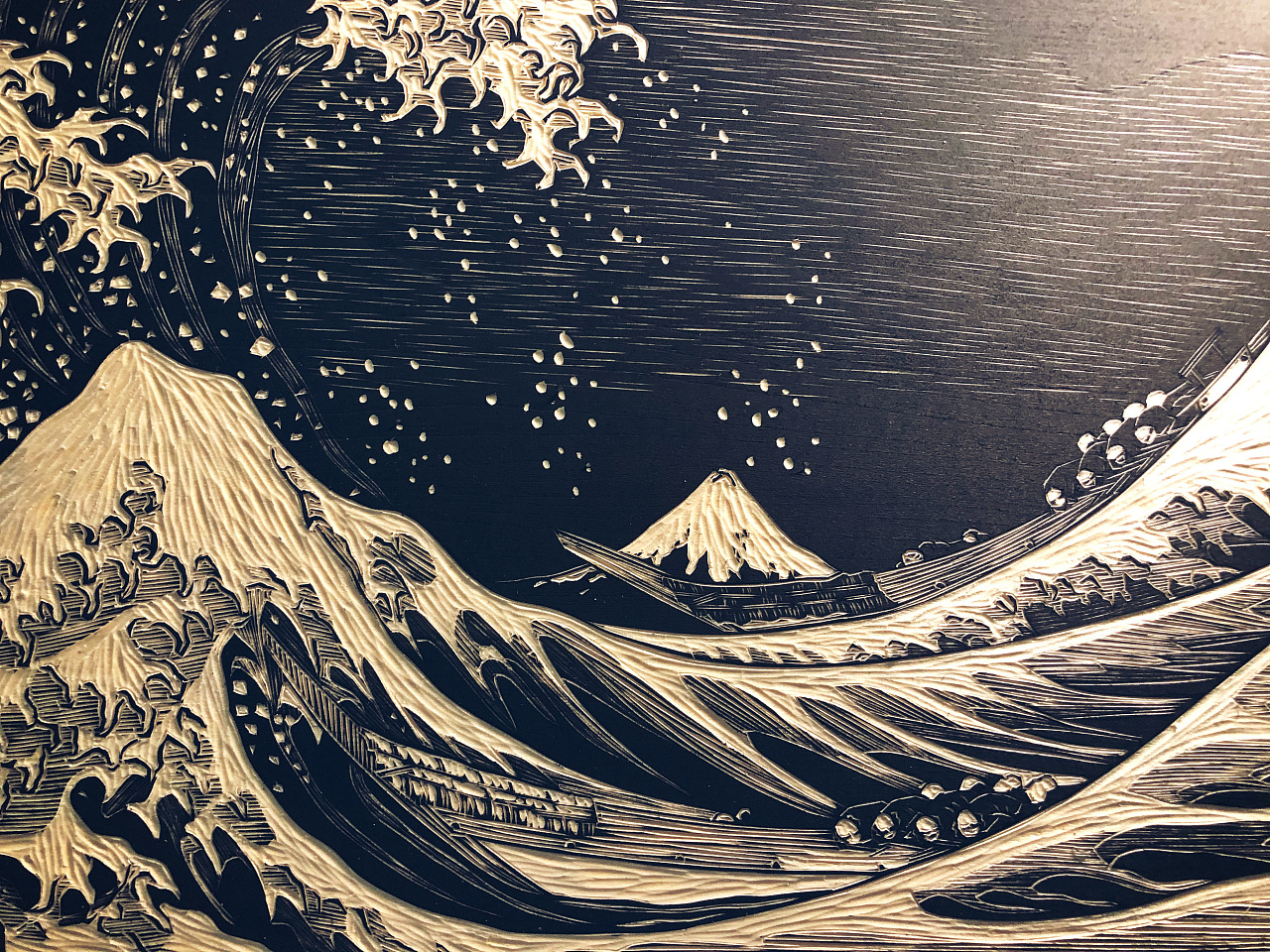 手工雕刻定制黑白木刻版画《神奈川冲浪里》