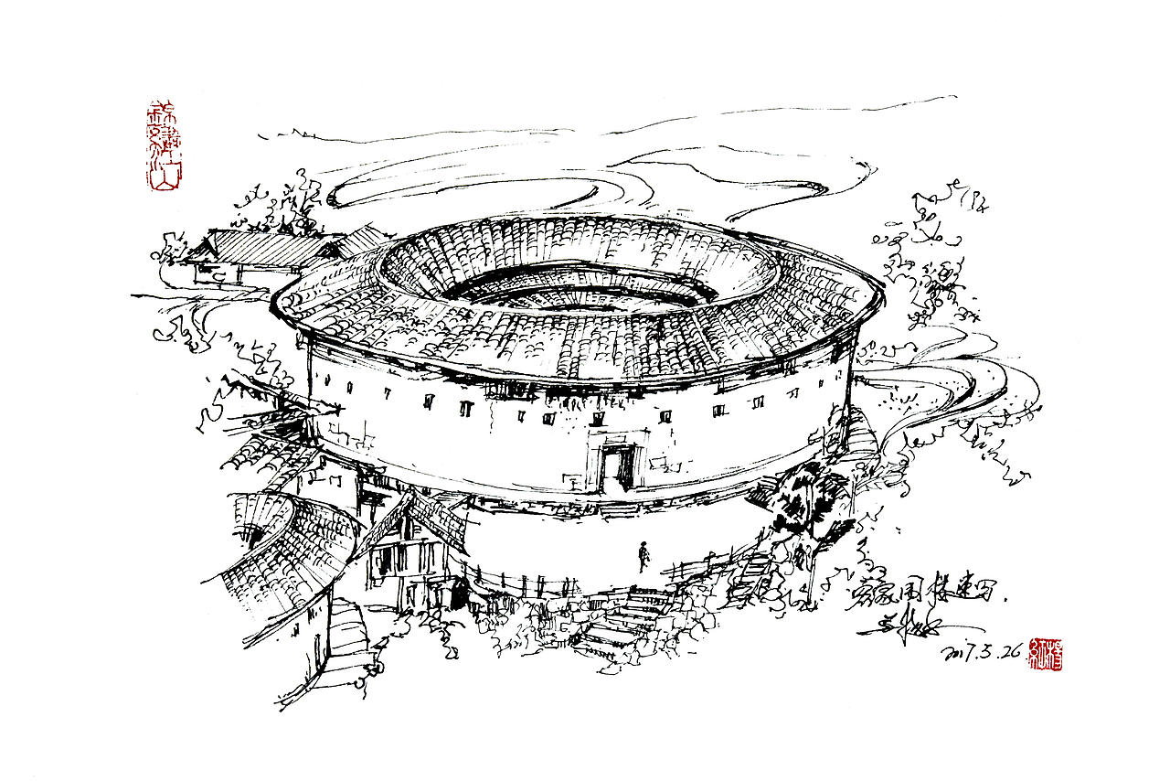 钢笔风景速写——村寨