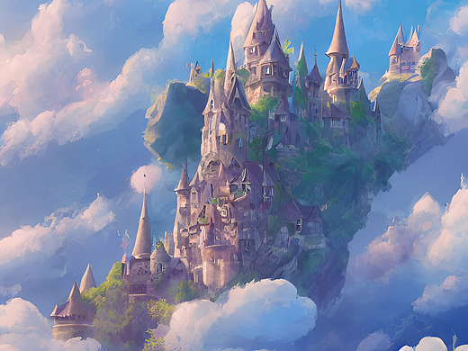 #站酷梦笔#云上的美丽的城堡，飞鸟，动漫风