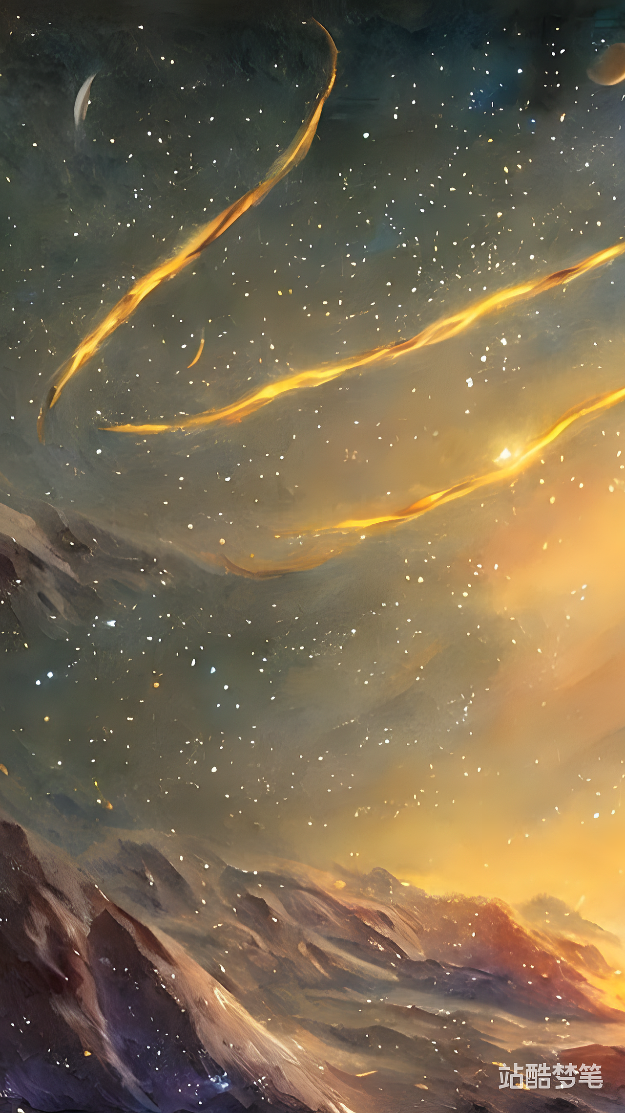 #站酷梦笔#流星拖着金色的尾焰划过璀璨星空,