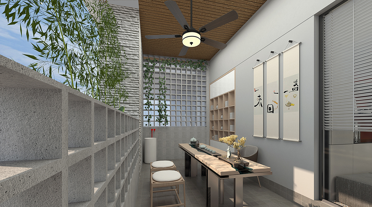 *户外品茗区
<br>户外走廊左边为开放式茶室,右边为活动休闲区,家长到此区域接送孩子时或平时开展活动使用。