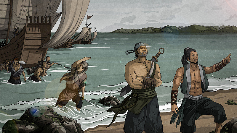 3 先人基业 颜思齐 郑芝龙登陆北港图》先人基业 荷兰炮舰行驶海上