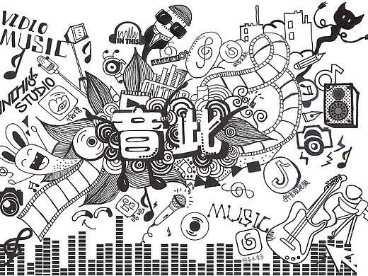 工作室墙绘图案手稿黑白插画