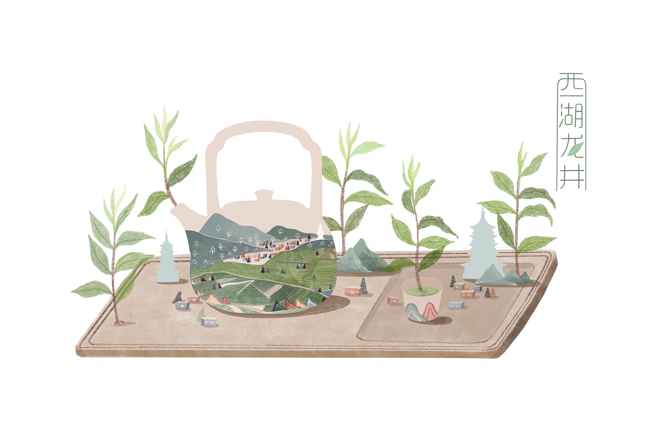 西湖龙井茶叶包装插画设计