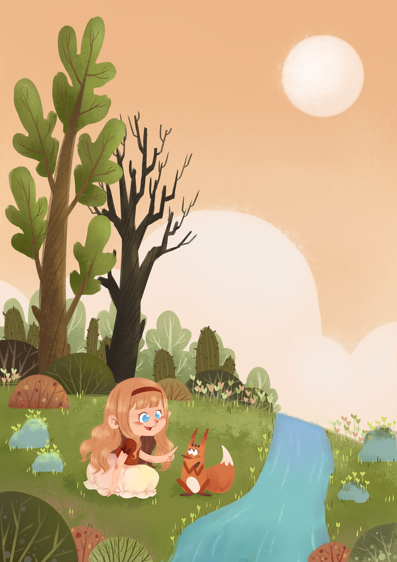 小女孩和小狐狸 欧美风儿童插画
