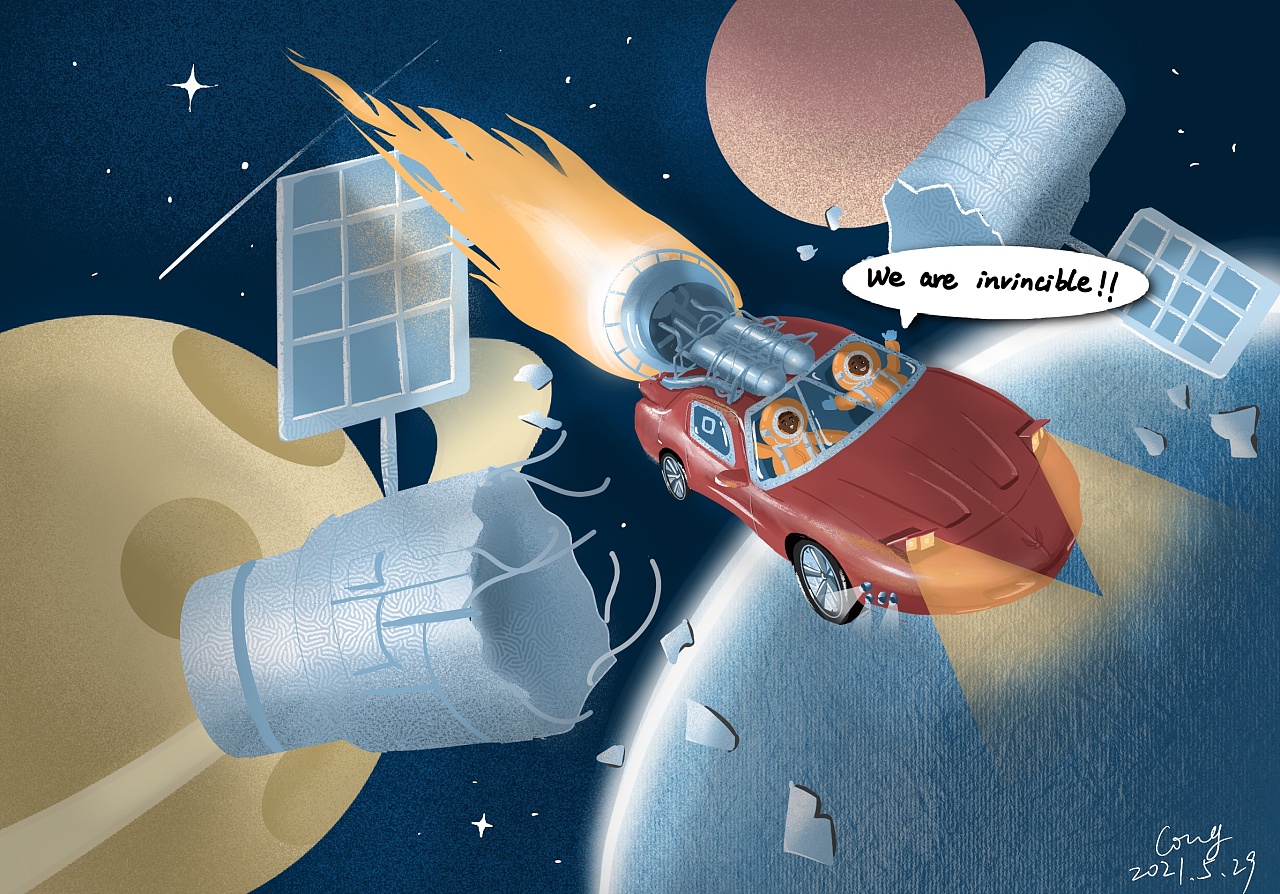 速度与激情9之跑车撞卫星原创插画