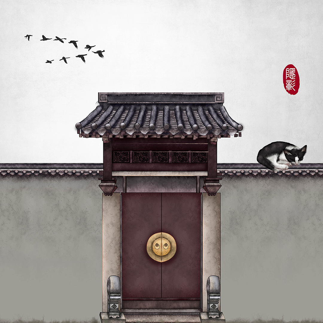 中式门古建筑古门竹飞鸟古风水墨画古风插画