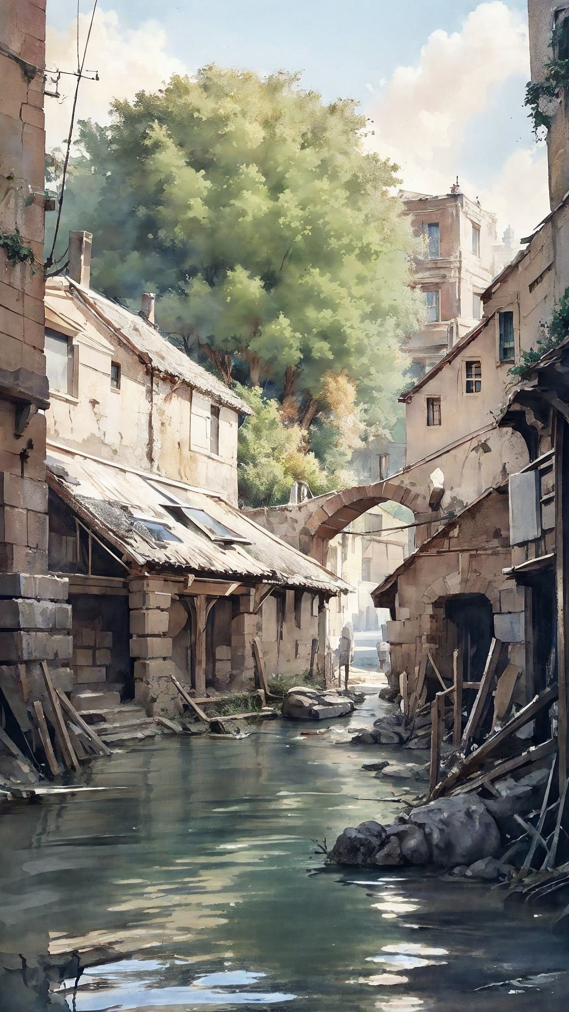 AI原创设计 古村落水彩风格