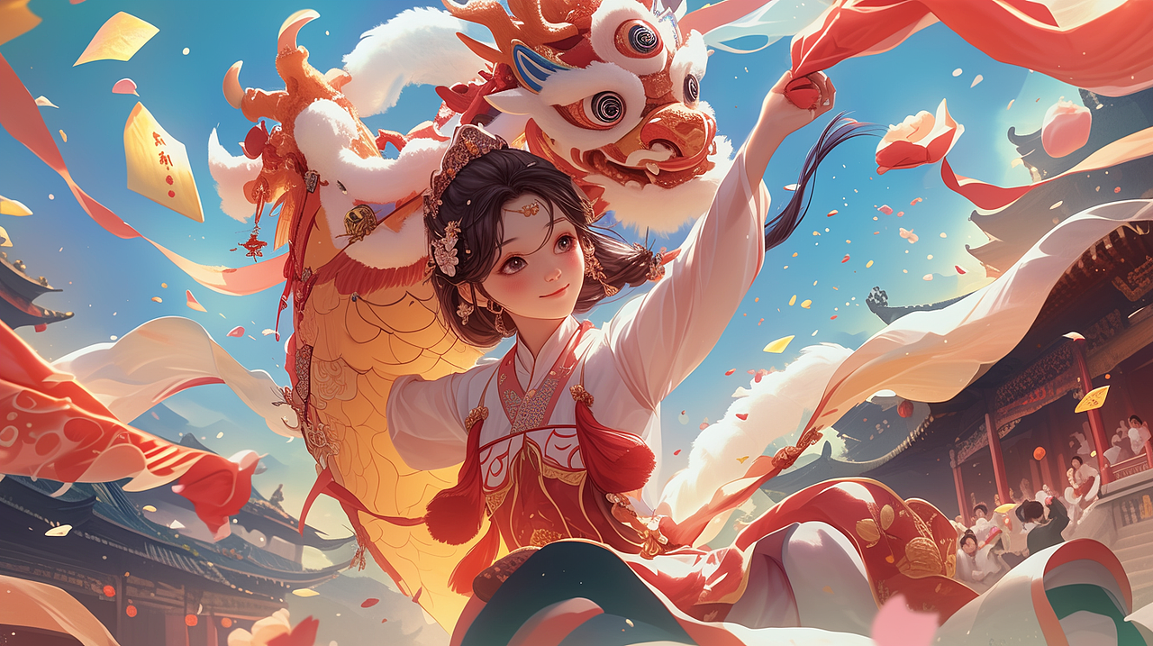 #Midjourney# AI绘：驯龙少女 醒狮庙会（图ZMzYxMzI4NTM2） - AI作品 - 站酷设计师lining2000原创素材 - 站酷ZCOOL