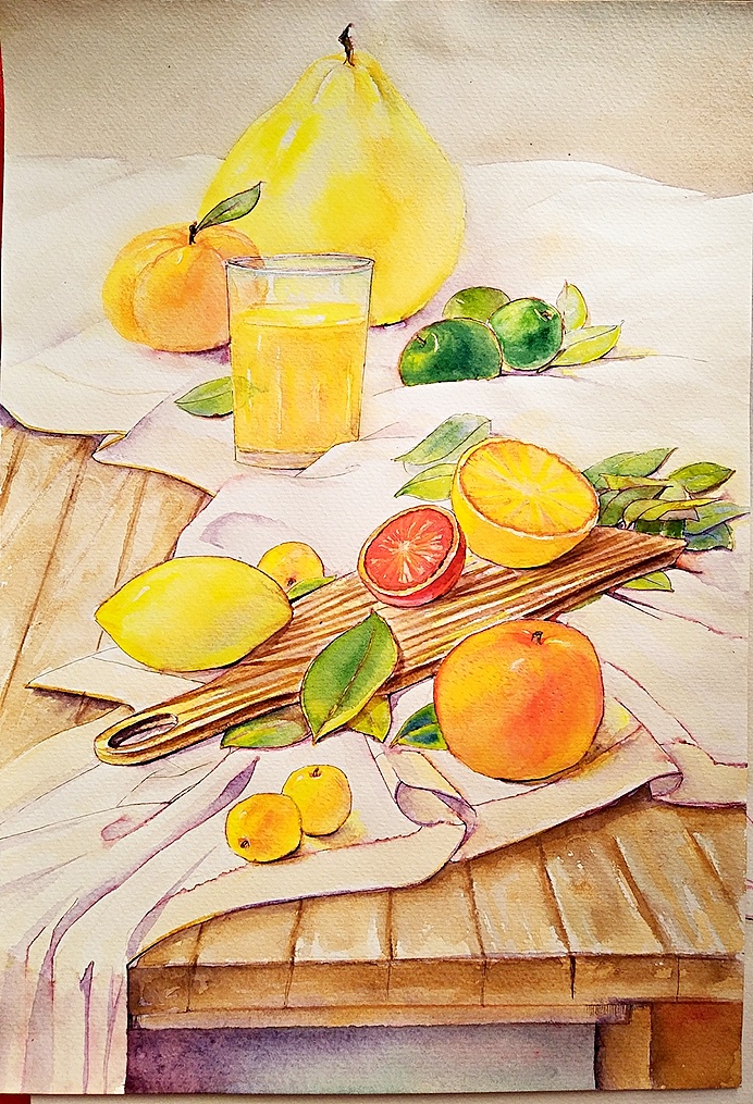 水彩维C:柠檬橙子橘子柚子早餐