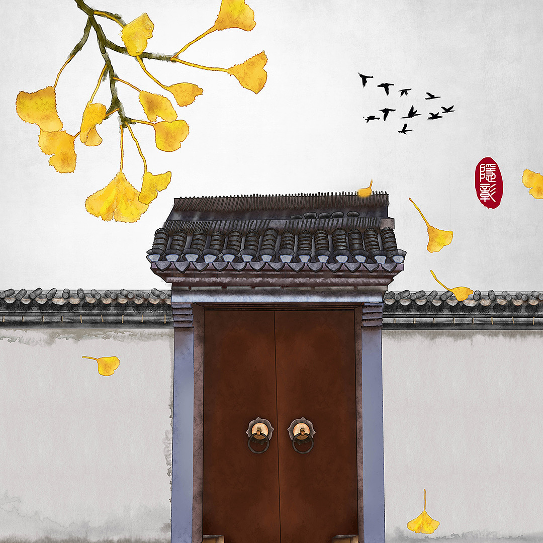中式建筑古门飞鸟禅意桂花古风水墨画中式中国风插画
