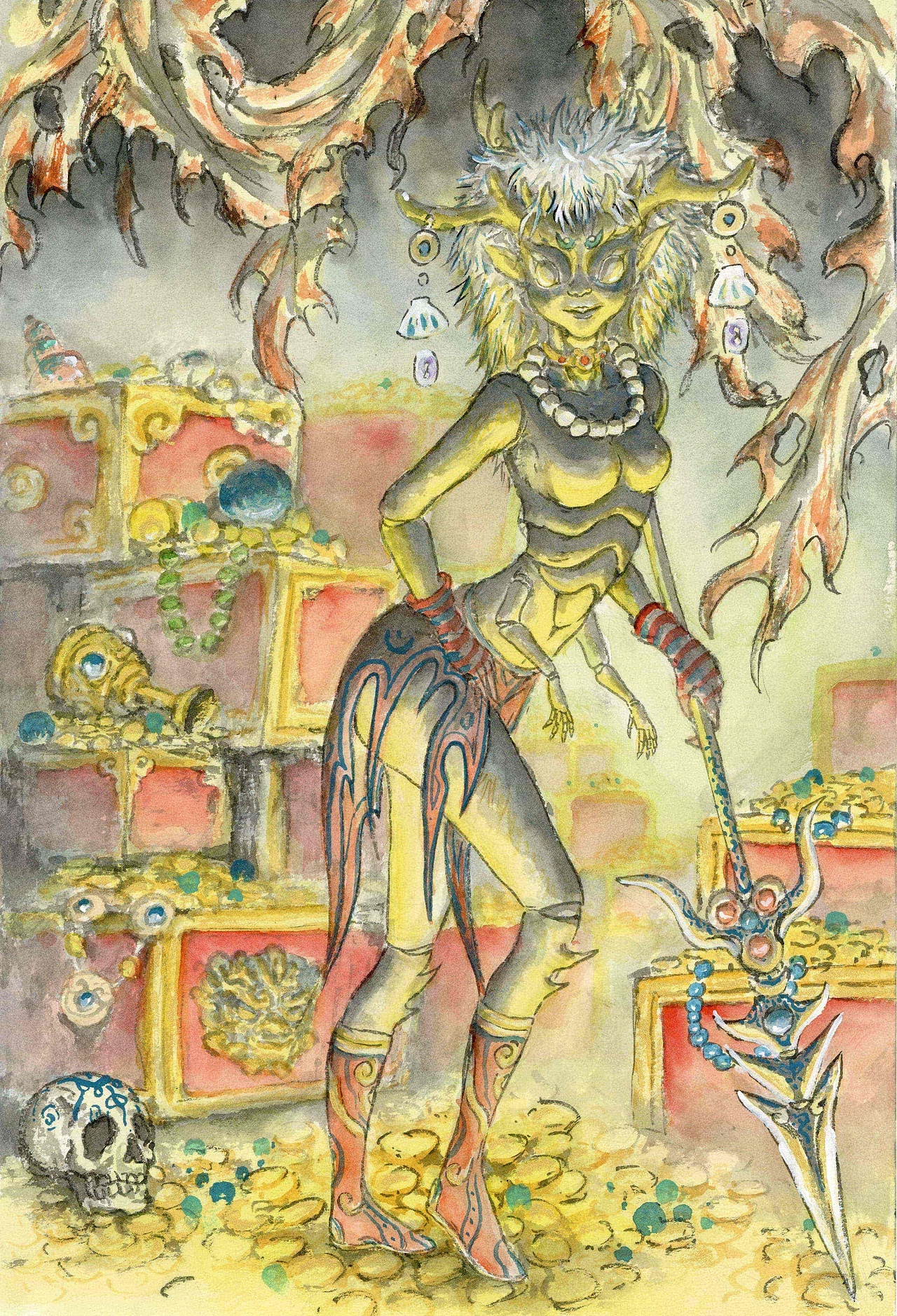 金灵 かねだま
金灵就是金气。鸟山石燕在画中描绘了金子飞入窗子的场景,并在解说文中引用了杜甫的诗句“不贪夜识金银气”,意指《论语》中所说的“富贵在天”。人们认为不为私欲而做好事的人就会在家里看到金气,这象征着一种福兆。