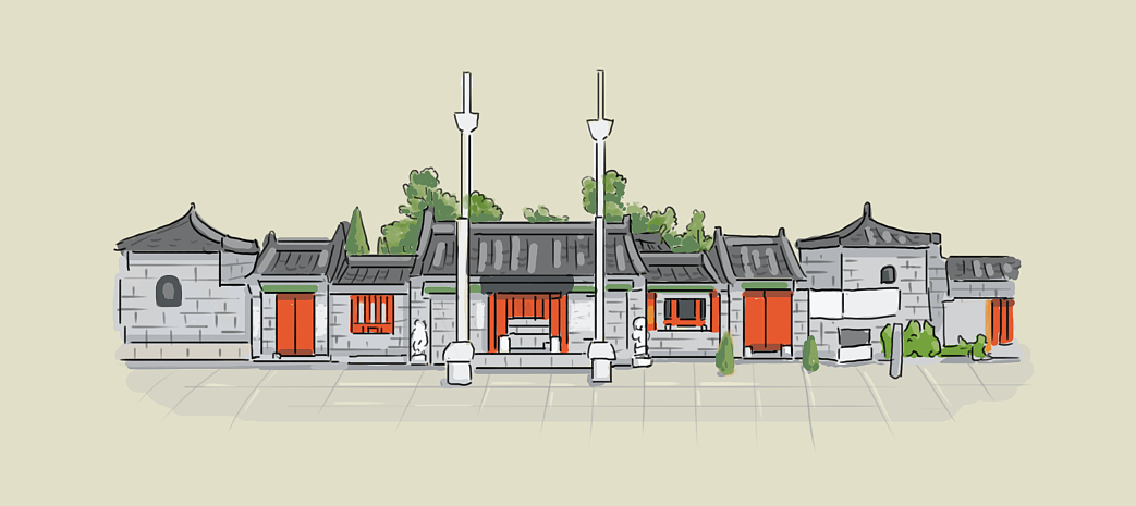 手绘卡通古建筑