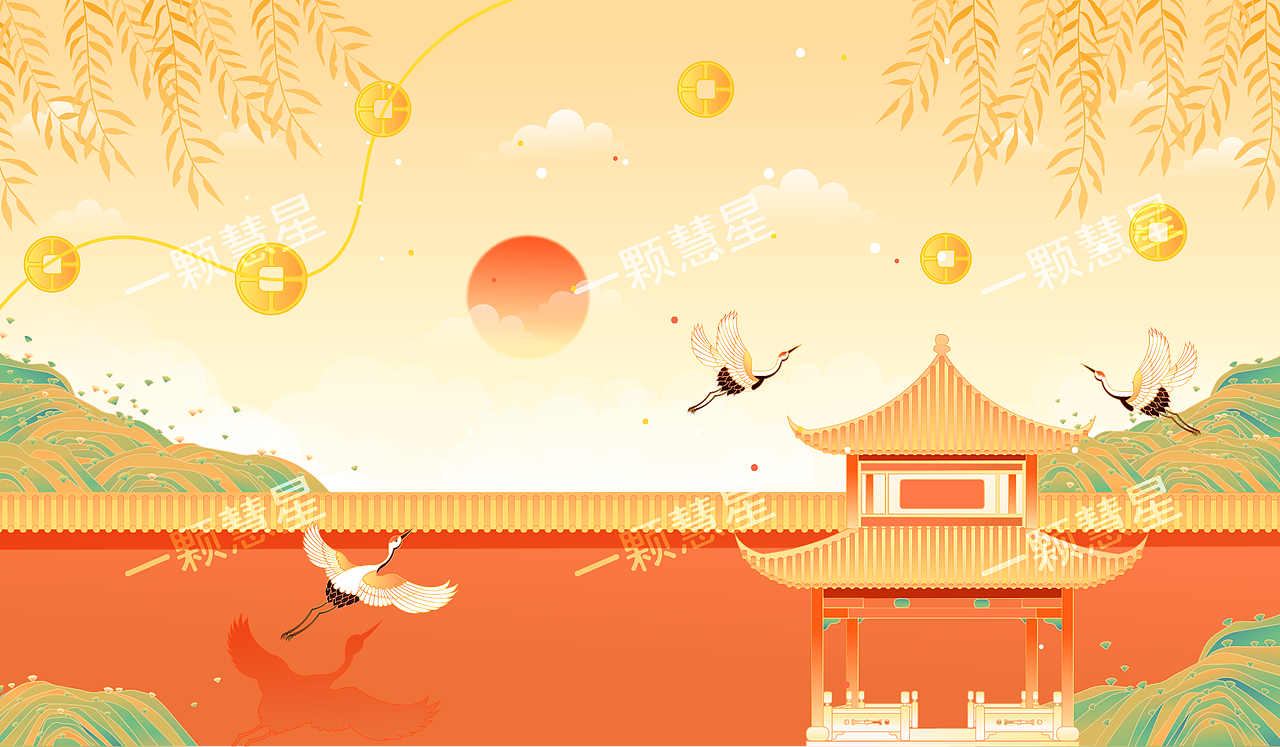 国潮风东方园林庭院建筑插画设计