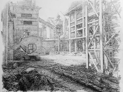 钢笔画《水泥厂生产区建设局部》