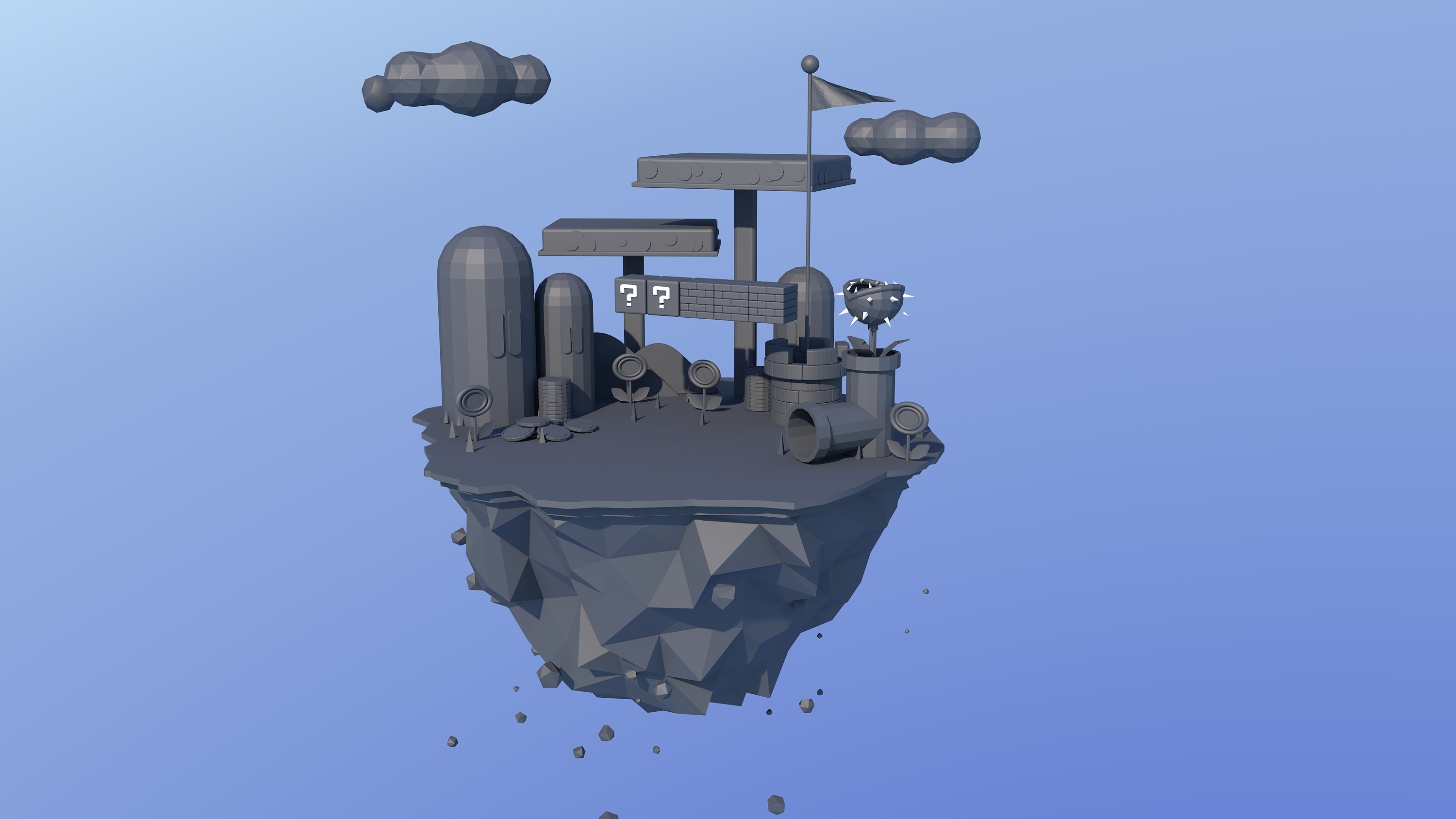 c4d日常建模练习(临摹low poly风格 任天堂小岛)|三维|场景|潼潼的猪