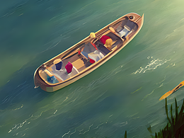 #站酷梦笔#一个人在湖中划船，插画,动漫风