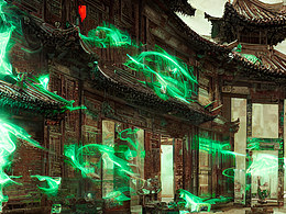 #AI创作实验室#残破的中式古建筑，绿色的火焰