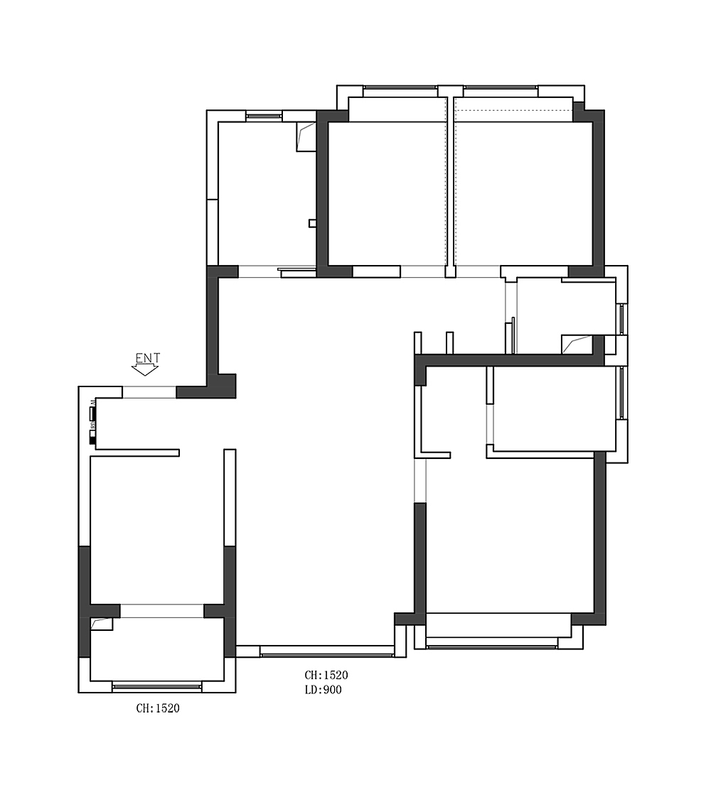 原始户型图  br>1,一进门视线就被对门房间所阻挡,对于这样一个四室