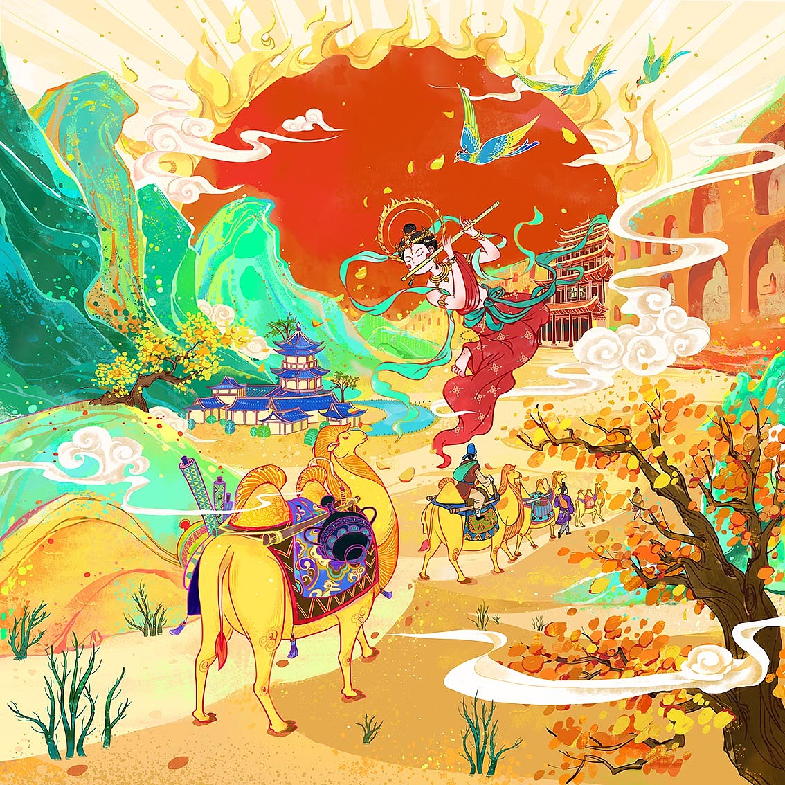 观想堂原创“丝绸之路”场景画面
将舌尖上的“一带一路”<br>骆驼、祥云、商人等元素<br>栩栩如生重现昔日繁华古道、大国盛景